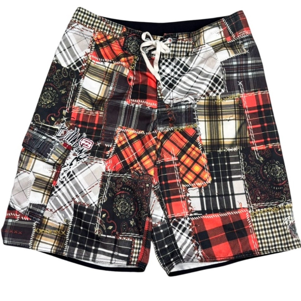 Billabong Shades of Orange & Brown Patchwork Plaid Patterned 22” Board Shorts 34